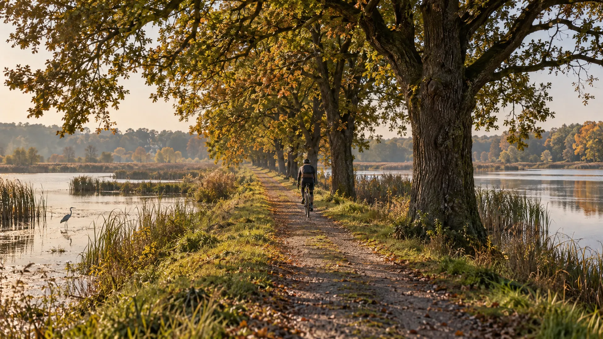 Rowerzysta na grobli między stawami, wśród starych dębów