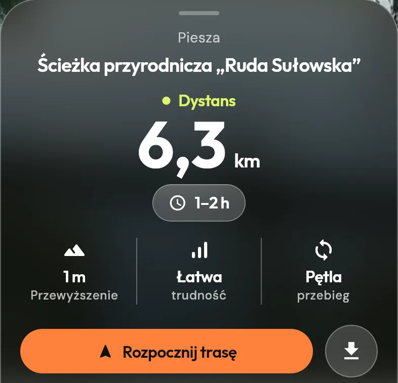 Karta trasy pieszej Ścieżka przyrodnicza Ruda Sułowska: 6,3 km, 1–2 h, łatwa, pętla — przycisk Rozpocznij trasę