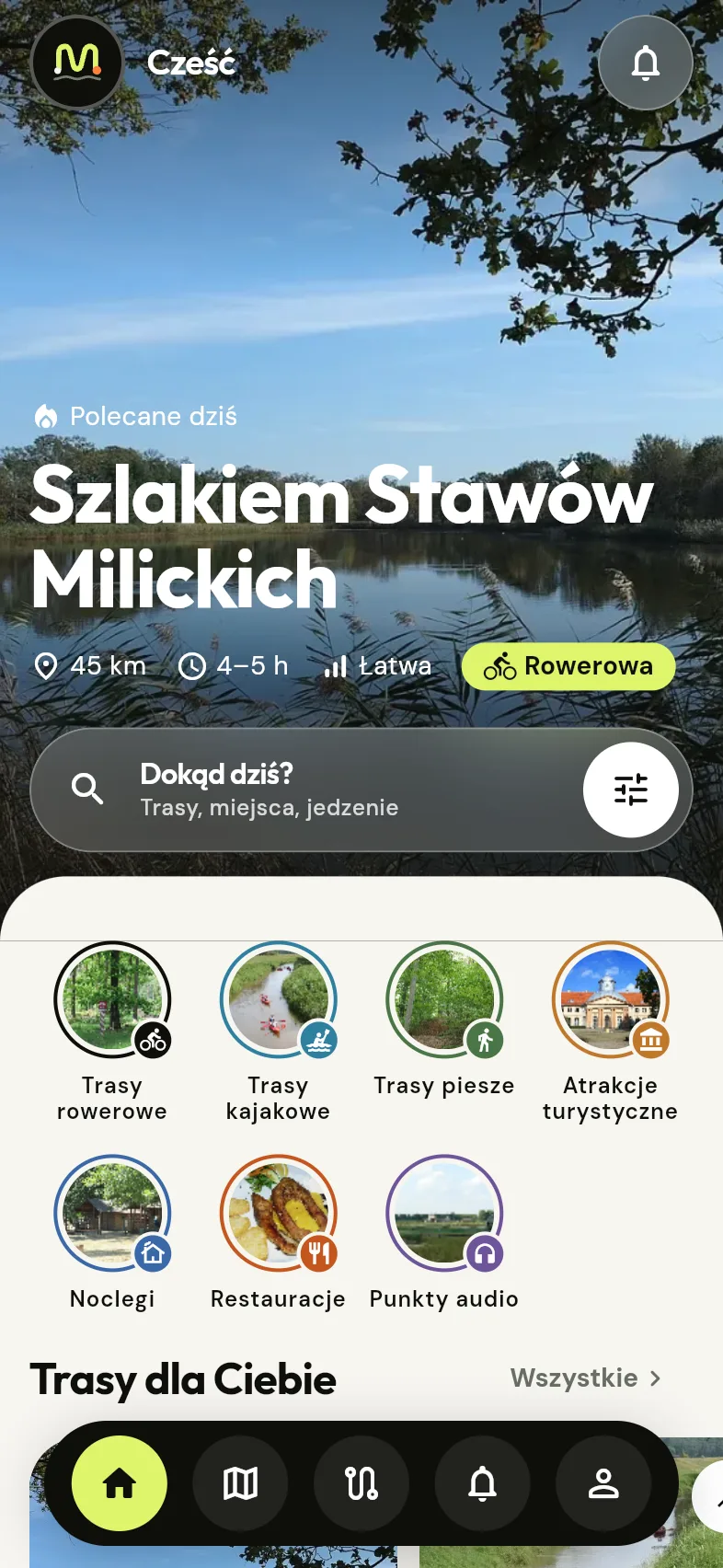 Ekran startowy aplikacji Milicz: polecana trasa, wyszukiwarka i kategorie