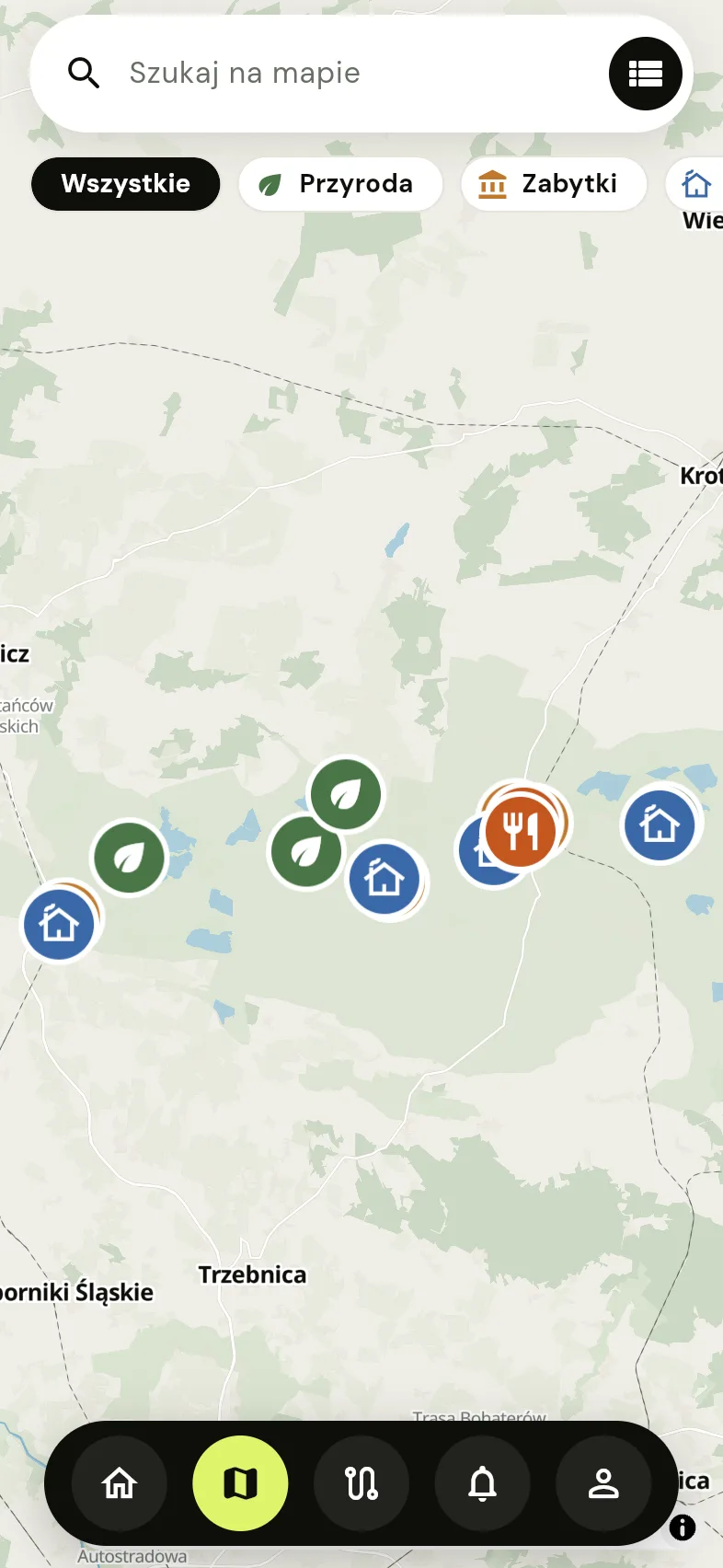Mapa Doliny Baryczy ze znacznikami przyrody, zabytków, noclegów i restauracji