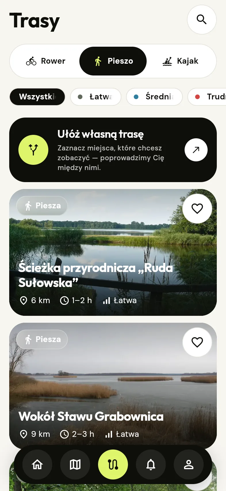 Lista tras pieszych: Ruda Sułowska, Wokół Stawu Grabownica — przełącznik Rower, Pieszo, Kajak